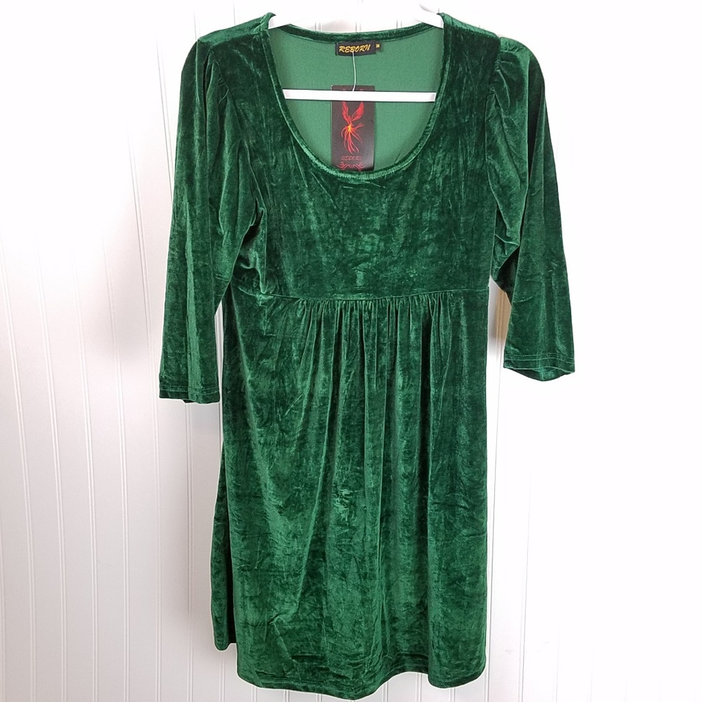 Reborn Green Emerald Velvet Dress 3/4 Sleeves Sz M